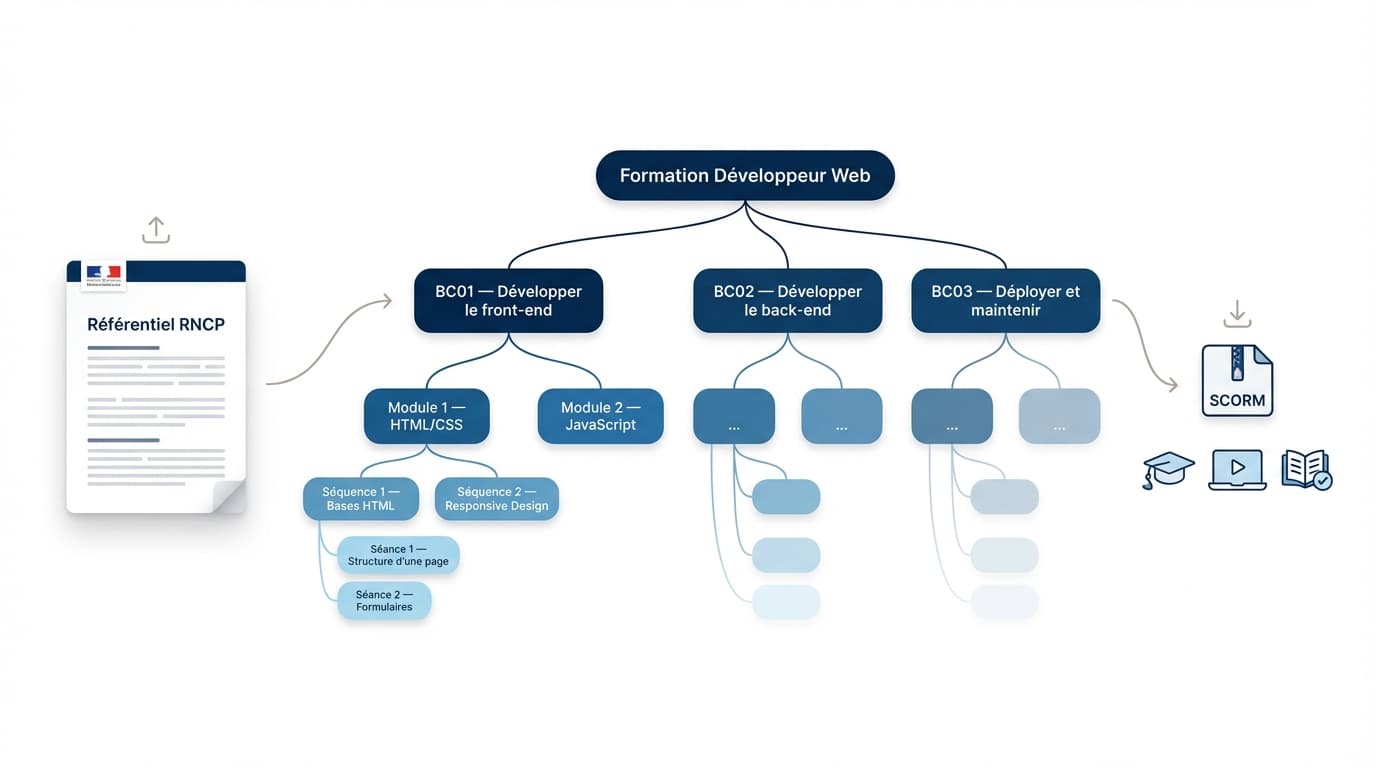 Mindmap générée par Syllabis : arborescence d'une formation, du référentiel à l'export SCORM